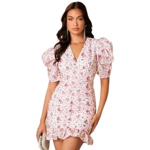 NEW SHEIN Light Pink Floral Print Ruched V Neck Puff Sleeve Ruffle Hem Dress 4 S